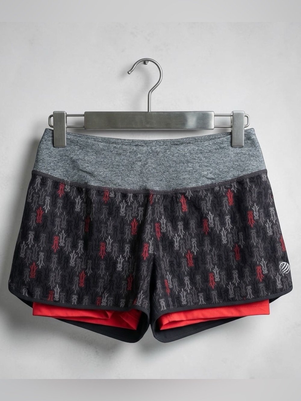 MPG Black/Grey Patterned Athletic Shorts with Grey Waistband and Orange Liner